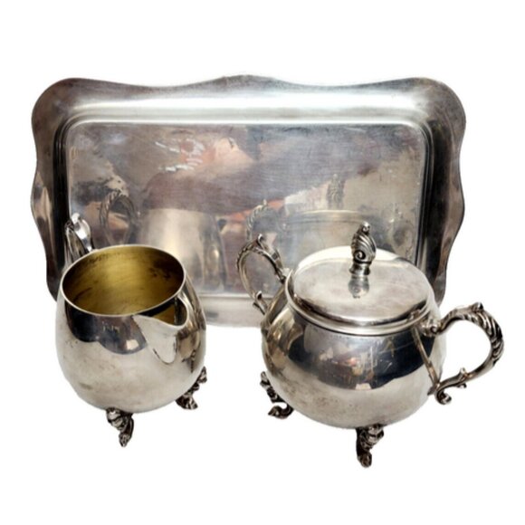 Vintage Silverplate Sheridan Cream & Sugar with  Silver over Copper Tray - Picture 3 of 5